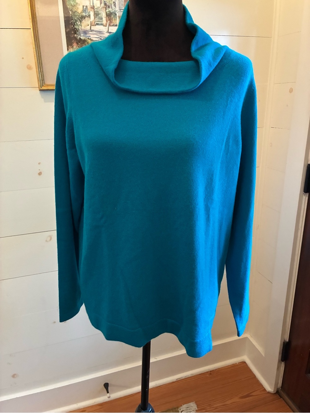 Pure Collection 100% Cashmere Cowl Neck Sweater Turquoise Teal Blue Size
